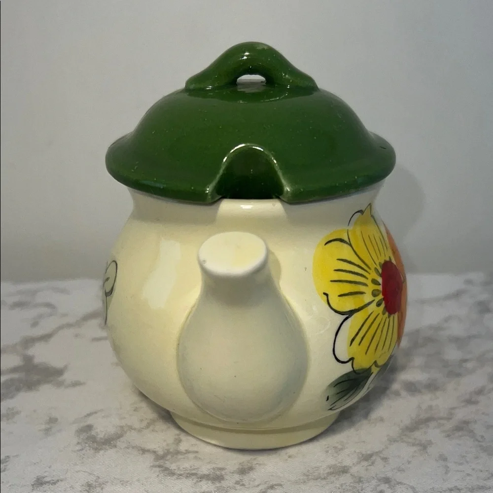 Vintage Japanese Floral Ceramic Teapot with Green Lid